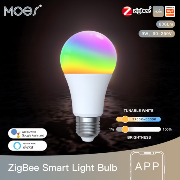 MOES ZigBee Smart LED Light Bulb Energy Efficient E27 Dimmable RGB White Color Lamp 806Lm 9W 90-250V - Image 2
