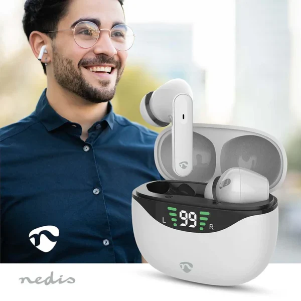Nedis Fully Wireless Earphones | ANC (Active Noise Cancelling) | Bluetooth® | Maximum battery play time: 30 hrs | Touch Control | Charging case | Wireless charging case | Built-in microphone | Voice control support | White - Image 2