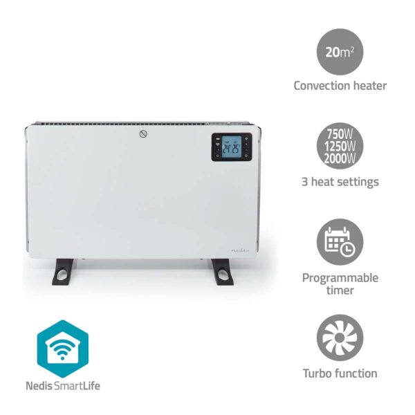 Nedis SmartLife Convection Heater | Wi-Fi | 200mm0 W | 3 Heat Settings | LCD | 5 - 37C | Adjustable thermostat | White