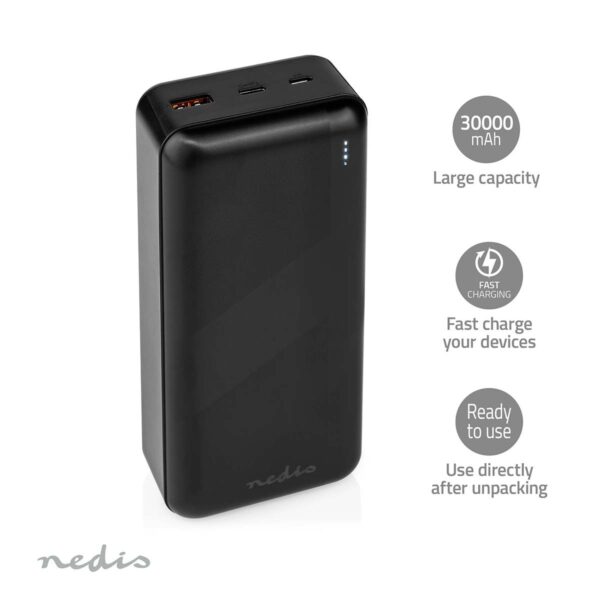 Nedis Powerbank | 30000 mAh | 1.5 / 2.0 / 3.0 A | Number of outputs: 2 | Output connection: 1x USB-A / 1x USB --C | Input connection: 1x Micro USB / 1x USB-C | PD3.0 20W | Lithium-Polymer - Image 8