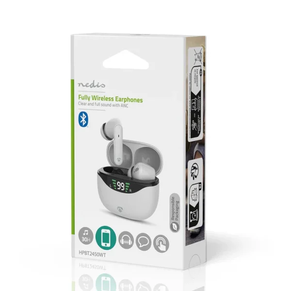 Nedis Fully Wireless Earphones | ANC (Active Noise Cancelling) | Bluetooth® | Maximum battery play time: 30 hrs | Touch Control | Charging case | Wireless charging case | Built-in microphone | Voice control support | White - Image 4