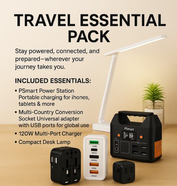 PSmart Flight Safe Travel Essentials - R150 Portable Power Station 150W 42000mAh/99Wh I Universal Power Adaptor I 5 Port Plug I Desk Lamp I Portable mobile socket, integration I Solar Energy and DC15V Charging Input
