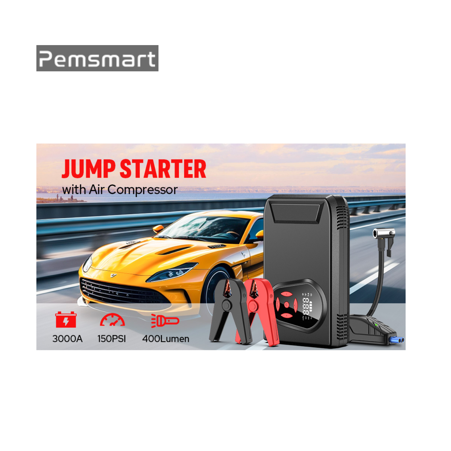 Pemsmart H11 Car Jump Starter with Air Compressor – 3000A Peak, 20000mAh Portable Power Bank - Image 3