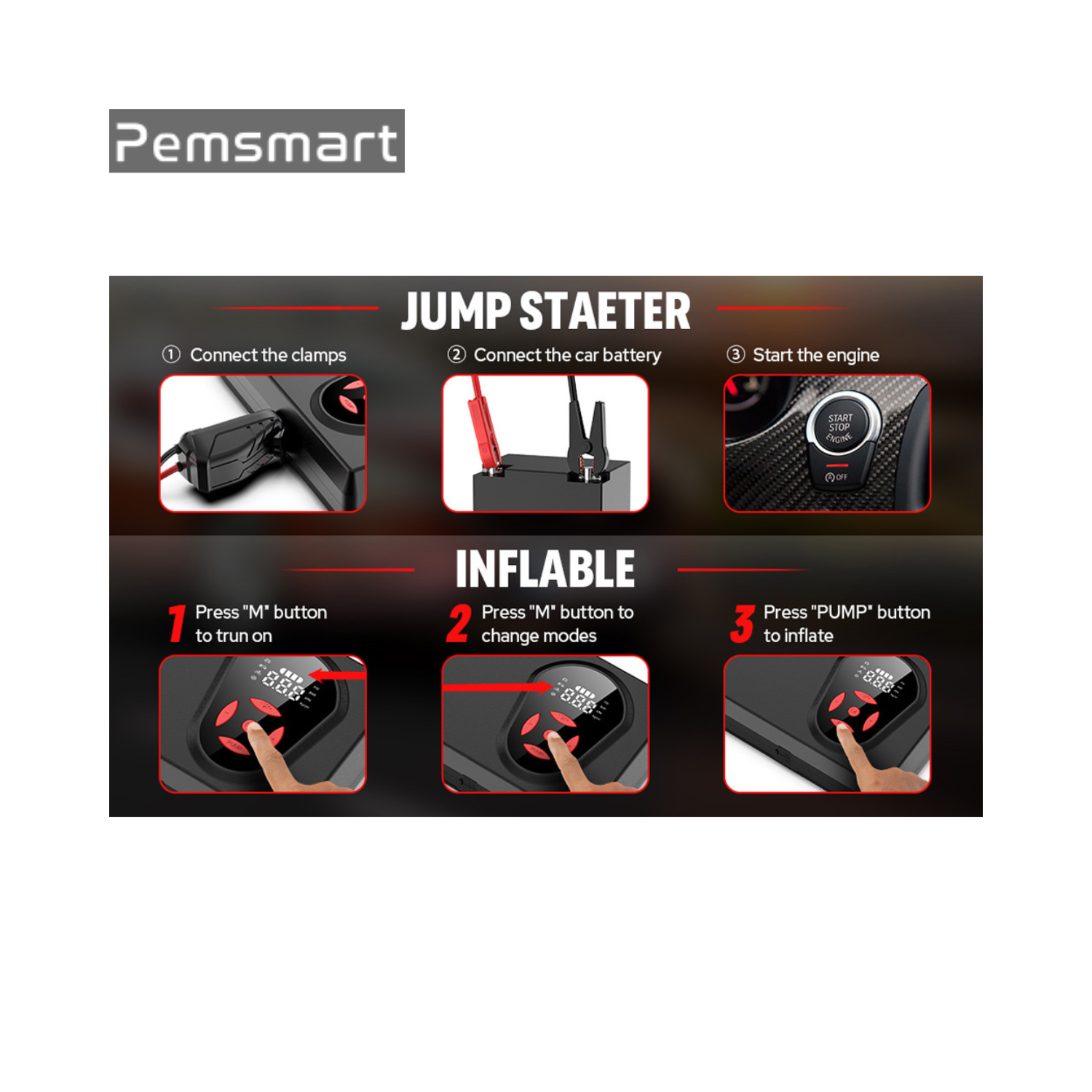 Pemsmart H11 Car Jump Starter with Air Compressor – 3000A Peak, 20000mAh Portable Power Bank - Image 4