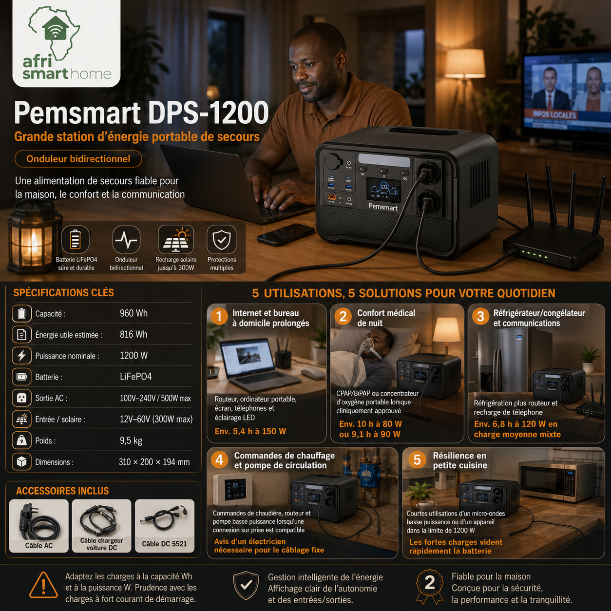 Pemsmart DPS-1200 Portable Power Station - 1200W, 960Wh LiFePO4 - Image 2