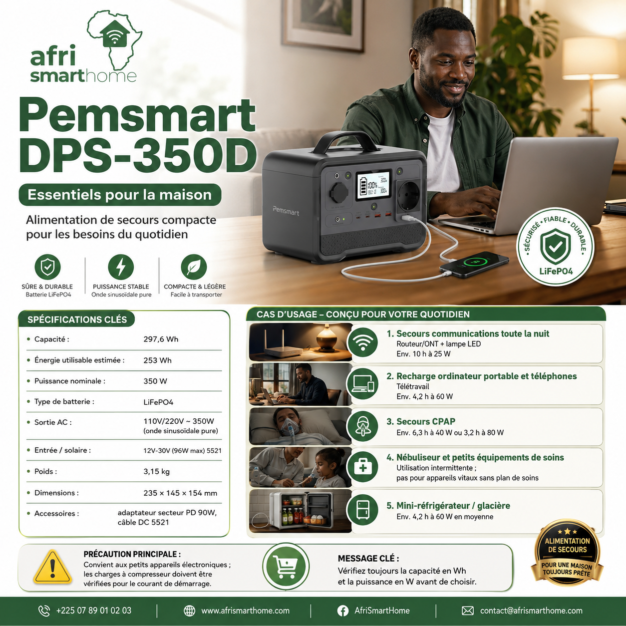 Pemsmart DPS-350D Portable Power Station - 350W, 297.6Wh LiFePO4