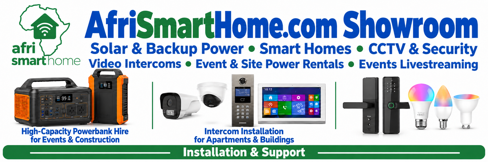 AfriSmartHome Limbe showroom: solar and backup power, smart homes, CCTV and security, video intercoms, power rentals, event livestreaming, installation and support